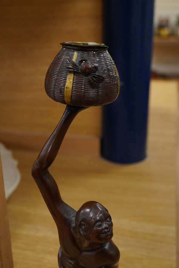 A pair of Japanese patinated metal figures of Ashinaga and Tenaga, Meiji period, 30cm